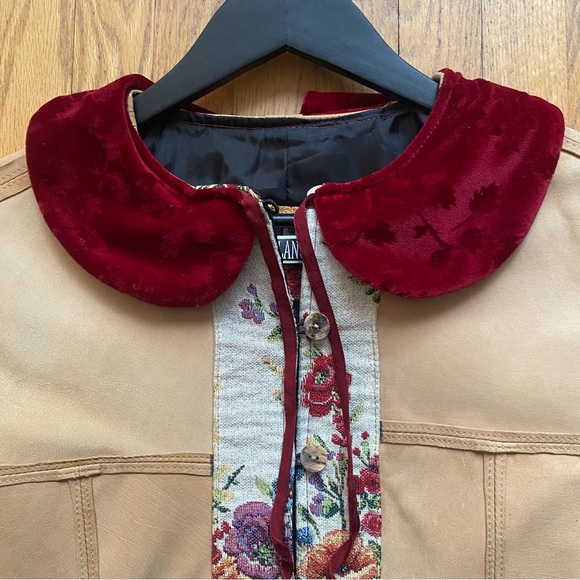 Floral Accent Leather Jacket with Burgundy Trim - Picture 3 of 5